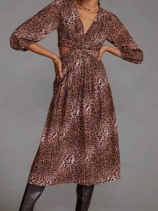 Anthropologie Dresses & Skirts - Anthropologie Ranna Gill Leopard Print Cutout Midi Dress Size Small Twist Front